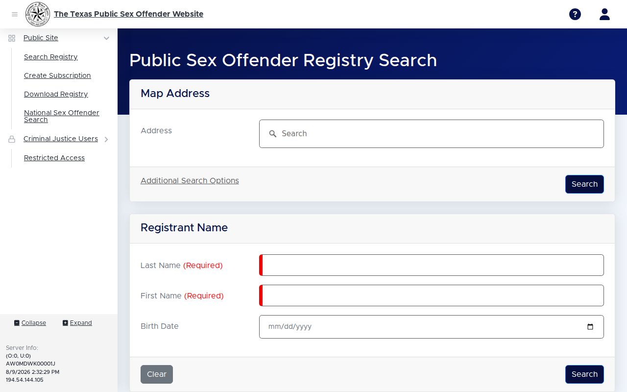 Hemphill County sex offender lookup on the Texas registry search